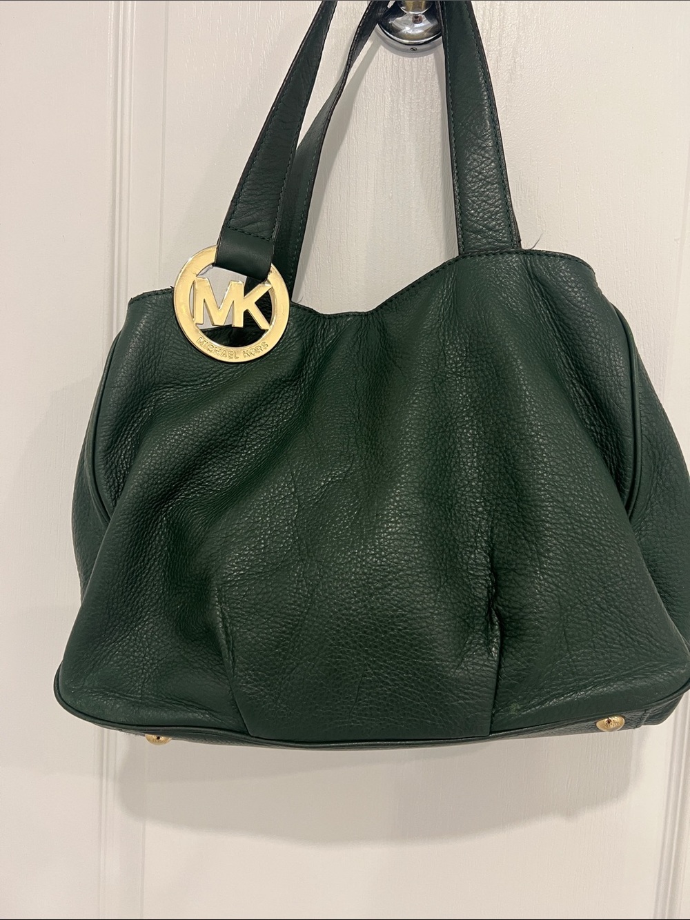 Michael Kors Forest Green Pebbled Leather Shoulder Bag with Gold MK Charm